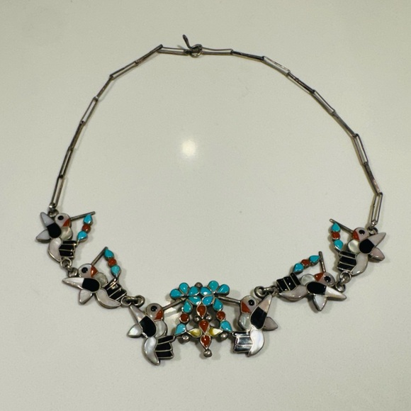 Native American Zuni Sterling Turquoise Multi Stone Inlay Hummingbird Necklace - Picture 4 of 4